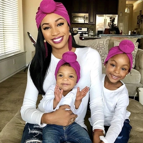 Women Baby Parent-Child Donut Turban Hat Pleated Knot Pullover Cap Bohemian Cotton Polyester Stretchy Headwrap Hat