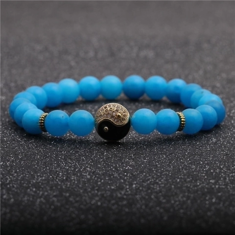 Pulsera de Cuentas de Ágata Hecha a Mano con Colgante de Tai Chi Yin Yang de Aleación y Strass para Mujer Hombre Joyería Yoga