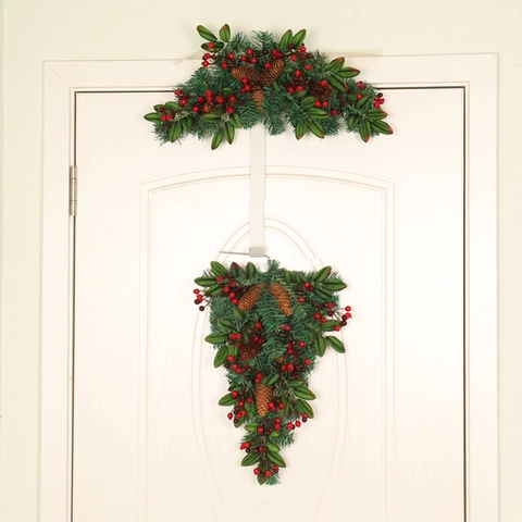 Christmas Swag Artificial Pine Needle Red Berry Natural Pine Cone Warm LED Light Door Wall Hanging Garland Festive Decor