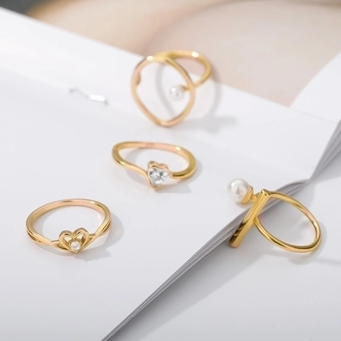 Anello Regolabile Aperto Per Donna Lega Placcata Oro Con Perla Artificial E Zircone Cuore Geometrico Stile Coreano