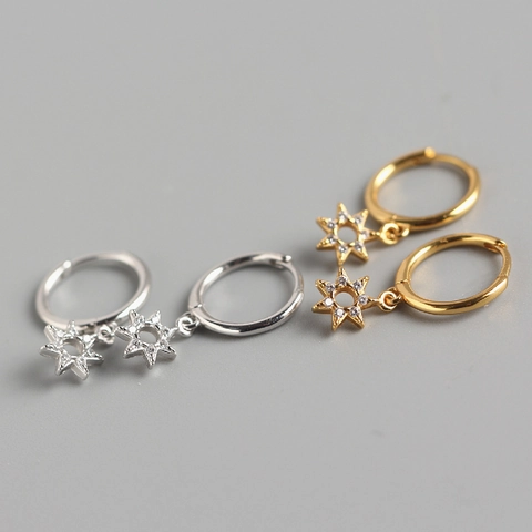 Stern Anhänger Huggie Hoop Ohrringe 925 Sterling Silber Zierliche Minimalistische Zirkonia Funkelnde Sechseck Frauen