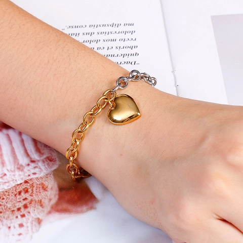 Fashion Stainless Steel Heart Pendant Bracelet Gold And Silver Polished O Chain Jewelry For Women