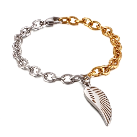 Bracciale Con Ciondolo Piuma Moda Due Toni Oro Argento Acciaio Inossidabile Catena Gioielli Per Uomo E Donna Stile Minimalista