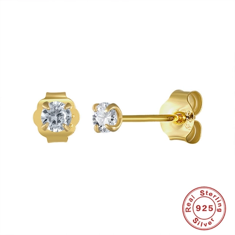 Minimalist Four-Prong Round Zircon Stud Earrings With 925 Sterling Silver Earring Post Tiny Geometric Jewelry For Women