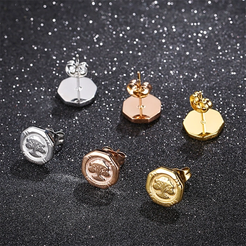 Pendientes De Botón De Acero Inoxidable Vintage Árbol De La Vida Retrato Relieve Joyas Geométricas Mujer