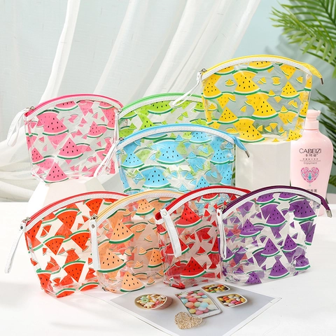 Transparent PVC Makeup Bag Waterproof Cartoon Watermelon Print Portable Travel Cosmetic Storage Organizer Zipper Pouch