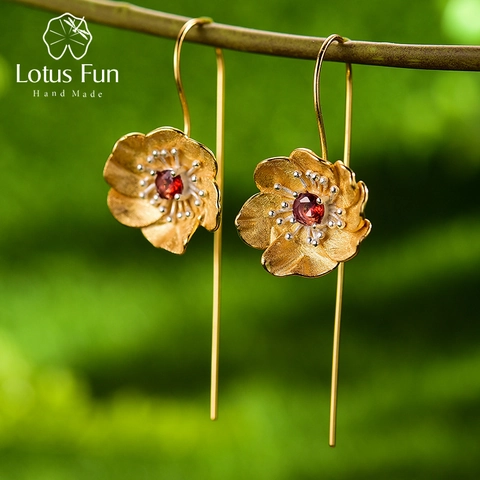 Handmade 925 Sterling Silver Blooming Anemone Flower Dangle Earrings 18K Gold Plated Natural Stone Drop Earrings Nature Jewelry Women Gift