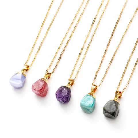 Natural Stone Pendant Necklace Irregular Raw Ore Amethyst Rose Quartz Citrine Gold Plated Bohemian Jewelry Women Gift