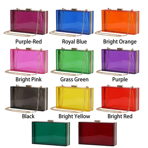 Women Acrylic Box Clutch Evening Bag Transparent Square Hard Shell Handbag Gold Metal Frame Chain Strap Fashion