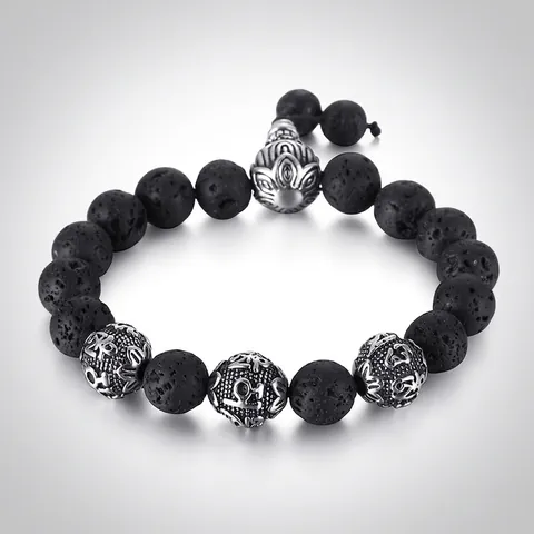Men Vintage Beaded Bracelet Natural Tiger Eye Lava Rock Stainless Steel Mantra Charm Religious Ethnic Style Jewelry
