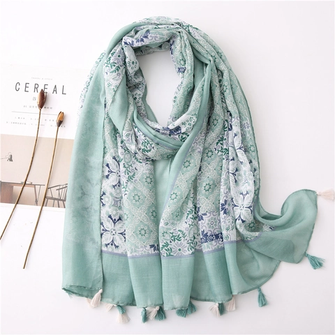 Elegant Mint Green Floral Print Tassel Shawl Bohemian Soft Polyester Scarf For Women Travel Beach Accessory