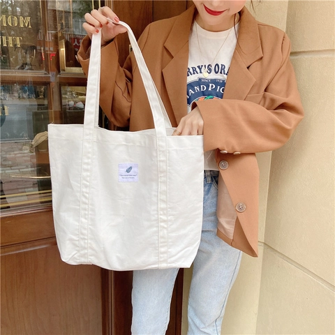 Women Canvas Tote Bag Large Capacity Solid Color Magnetic Buckle Shoulder Handbag Daily Casual Japanese Style Simple