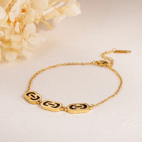 Geometric Hollow Oval Link Bracelet Stainless Steel Black Enamel Drip Oil Adjustable Minimalist Jewelry For Women