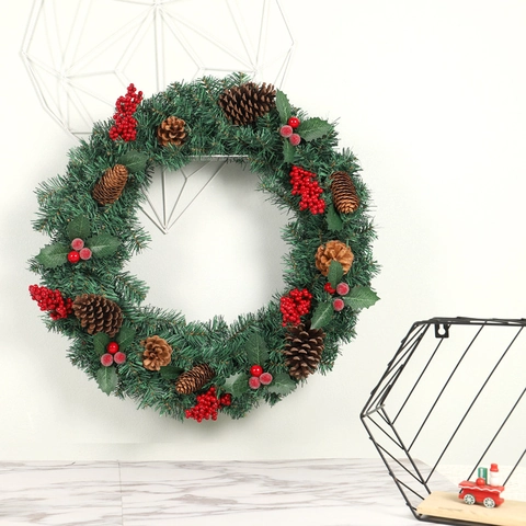 Christmas Wreath With Frosted Red Berries And Natural Pine Cones Artificial Pine Garland For Front Door Wall Hanging Decor