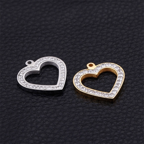 Heart Pendant Charms Stainless Steel Rhinestone Hollow DIY Jewelry Making Accessory For Necklace Bracelet Shiny Fashion