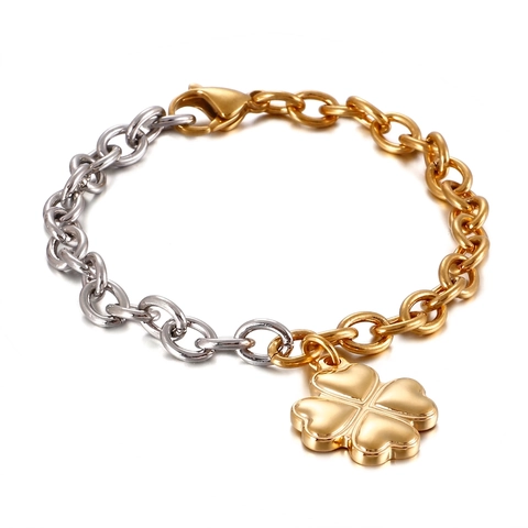 Damen Edelstahl Kleeblatt Anhänger Gliederkette Zweifarbig Herzform Minimalistischer Schmuck