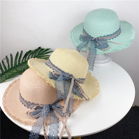 Women Girls Parent Child Straw Sun Hat Large Wide Brim Raw Edge Ribbon Lace Bowknot Beach Summer Vacation Pastoral Style