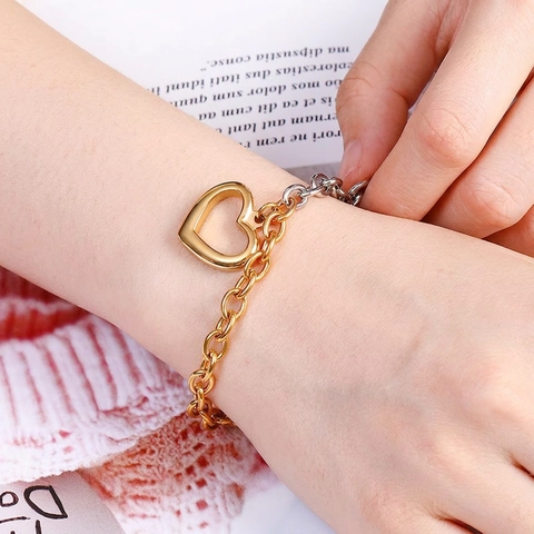 Fashion Heart Pendant Bracelet Stainless Steel Two Tone Gold Silver Chunky Chain Hollow Love Charm For Women Jewelry