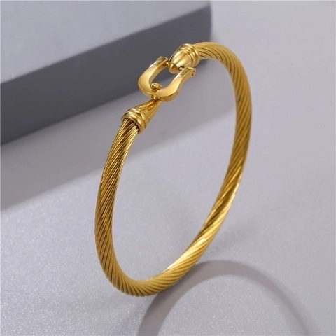 Herren Edelstahl Gedrehtes Kabel Armreif Mit Hufeisenschnalle Gold Silber Schwarz Punk Hip Hop Manschette Schmuck Für Unisex