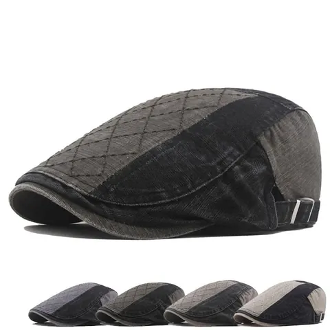 Gorra Plana Retro Para Hombre Algodón Lavado Color Block Sombrero Ivy Con Parte Superior Acolchada Y Hebilla Ajustable