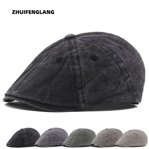 Vintage Newsboy Cap For Men Washed Cotton Flat Cap Adjustable Retro Ivy Driving Peaked Hat Solid Color Breathable