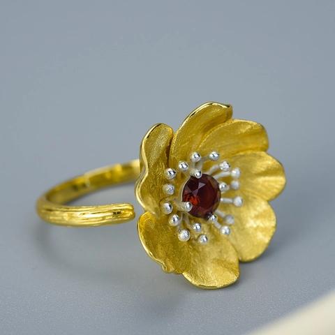 Handmade S925 Sterling Silver Sea Anemone Flower Open Ring Women Natural Garnet Inlaid 18K Gold Plated Floral Jewelry Gift