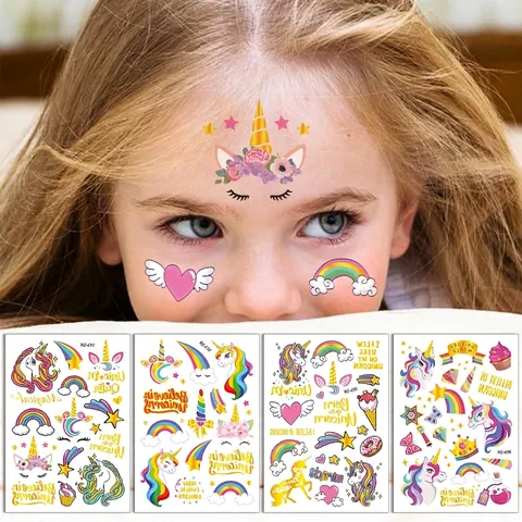 Adesivi Per Tatuaggi Temporanei Per Bambini Impermeabili Stampa Oro Laser Cartone Animato Dinosauro Unicorno Sirena Festa