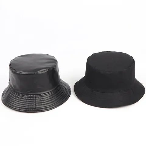 Reversible Bucket Hat PU Leather And Cotton Canvas Waterproof Sun Protection Windproof Solid Black Fisherman Cap Unisex