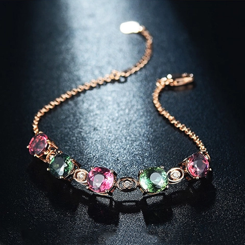Elegante Bracciale In Argento 925 Cristallo Multicolore Placcato Oro Rosa Pietre Preziose Colorate Taglio Rotondo Donna Regolabile