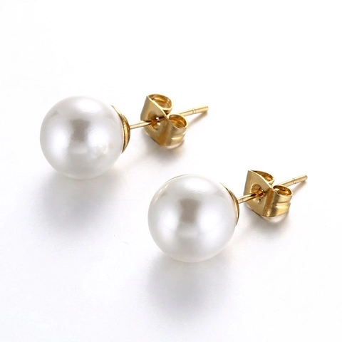 Artificial Pearl Stud Earrings Stainless Steel Plated Gold Elegant Shell Artificial Pearl Round Minimalist Jewelry For Women Stylish Fashion