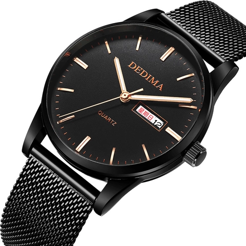 Men Quartz Watch Waterproof Stainless Steel Mesh Strap Double Calendar Luminous Business Casual Fashion Wristwatch