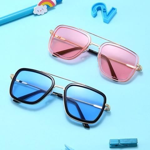 Kinder Quadratische Sonnenbrille Metallrahmen UV400 Schutz Mode Retro Doppelbrücke Brillen Für Jungen Mädchen