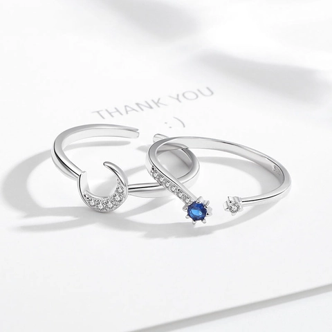 S925 Sterling Silver Star Moon Adjustable Open Rings For Women Dainty Blue Zircon Minimalist Jewelry