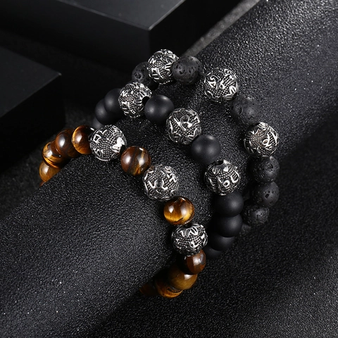 Natural Tiger Eye Lava Rock Agate Beaded Bracelet With Stainless Steel Mantra Beads Retro Punk Ethnic Jewelry For Men