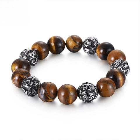 Bracciale Da Uomo Pietra Occhio Di Tigre Roccia Lavica Acciaio Inossidabile Mantra Buddista Gioielli Etnici Elastico
