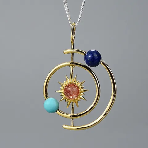 Solar System 925 Sterling Silver Pendant Necklace Natural Stone Planetary Design Retro Creative Jewelry Gift For Women
