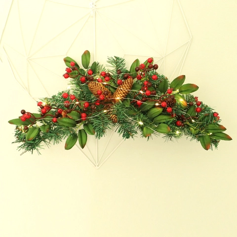 Christmas Swag Artificial Pine Needle Red Berry Natural Pine Cone Warm LED Light Door Wall Hanging Garland Festive Decor