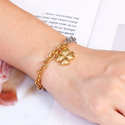 Damen Edelstahl Kleeblatt Anhänger Gliederkette Zweifarbig Herzform Minimalistischer Schmuck