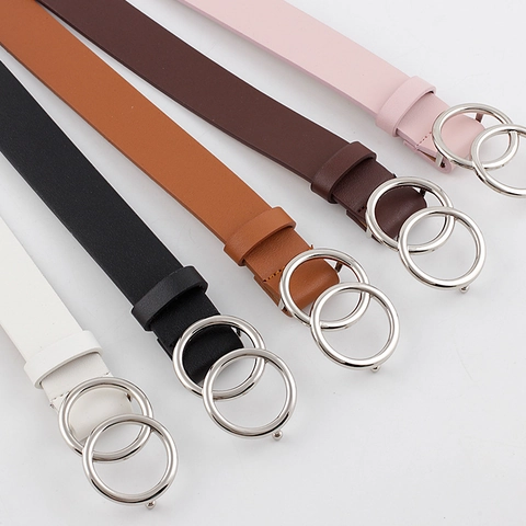 Women Fashion Double Ring Buckle Faux Leather Belt Versatile Minimalist Waist Strap Alloy Buckle Decorative Belt For Dresses