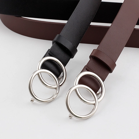 Women Fashion Double Ring Buckle Faux Leather Belt Versatile Minimalist Waist Strap Alloy Buckle Decorative Belt For Dresses