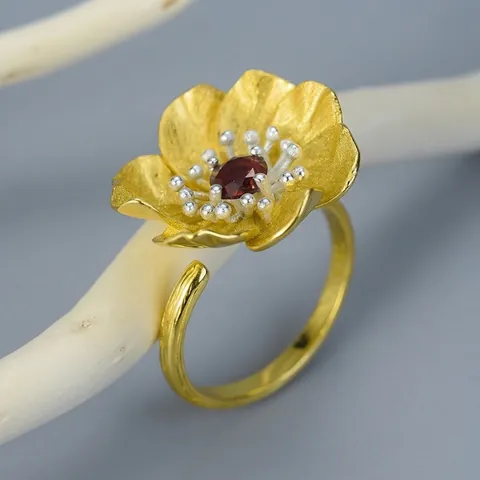 Handmade S925 Sterling Silver Sea Anemone Flower Open Ring Women Natural Garnet Inlaid 18K Gold Plated Floral Jewelry Gift