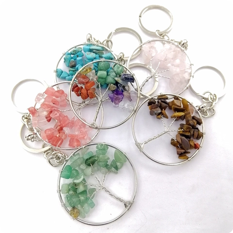 Tree Of Life Keychain Copper Wire Wrapped Natural Crystal Crushed Stone Seven Chakra Bag Pendant Handmade Boho Style