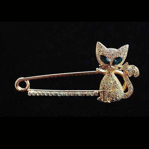 Sparkly Cat Brooch Alloy Rhinestone Animal Safety Pin Clothing Accessory Green Eye Kitten Jewelry Ornament Women Fashion