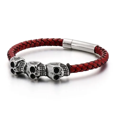 Bracciale Da Uomo Teschio Acciaio Inossidabile 316L Corda In Pelle Intrecciata Fibbia Magnetica Punk Gothic Retro Gioielli