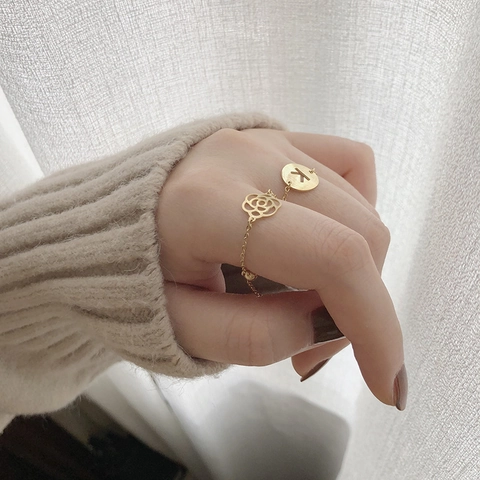 Titanstahl Verstellbarer Kettenring Für Damen Vergoldet Kamelie Buchstabe K Liebe Herz Viel Glück Mode Schmuck Ring