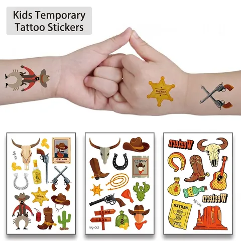 Western Cowboy Temporary Tattoo Stickers Waterproof Cartoon Sheriff Cactus Vintage Body Art For Kids Children