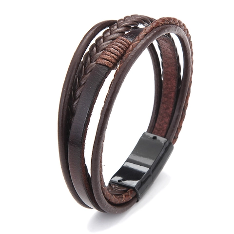 Multi Layer Leather Woven Bracelet Retro Punk Magnetic Alloy Clasp Wristband For Men Vintage Style