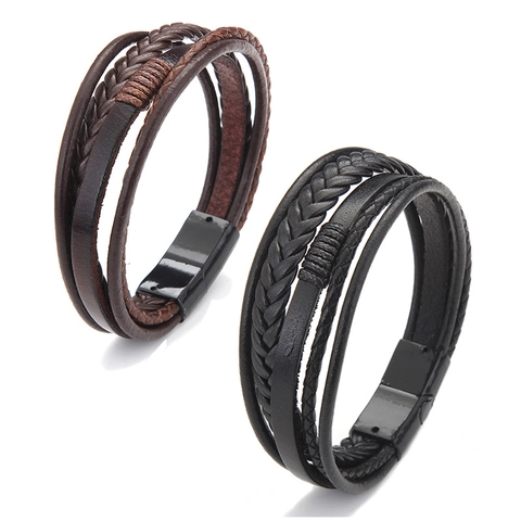 Multi Layer Leather Woven Bracelet Retro Punk Magnetic Alloy Clasp Wristband For Men Vintage Style
