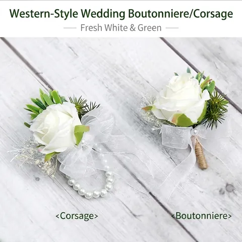 Elegant Artificial Satin Rose Boutonniere And Wrist Corsage With Organza Ribbon Jute Rope For Wedding Party Prom Accessory