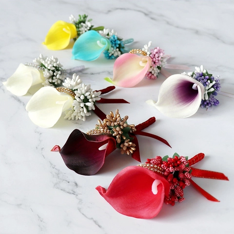 Boutonnière De Mariage Artificielle En Lys Calla PU Avec Ruban De Strass Accessoires De Broche Florale Pour Bal De Promo